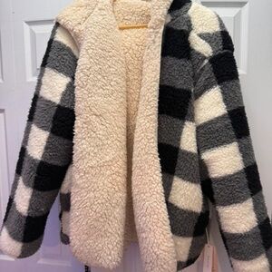Plaid Sherpa Jacket - Black, Gray, and Cream
